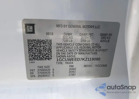 2019 Chevrolet Silverado Ltz из США, поврежденный, VIN 1GCUWEED7KZ119090